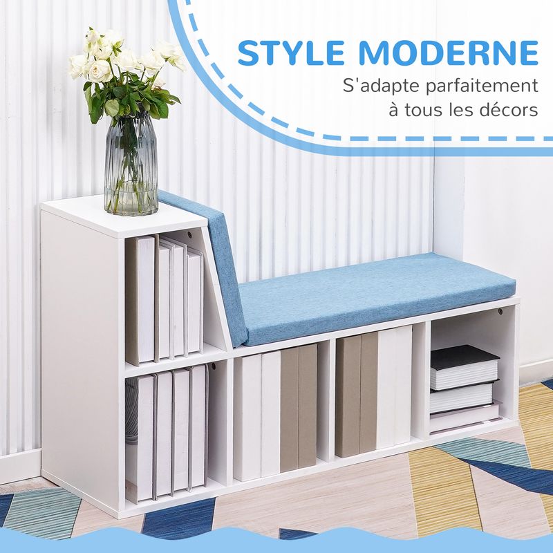 Homcom – Bibliothèque banc 2 en 1 – 5 compartiments – 2 coussins – Dimensions 108x30x60cm – Bois MDF – Couleur blanc bleu Adapter - Image 3