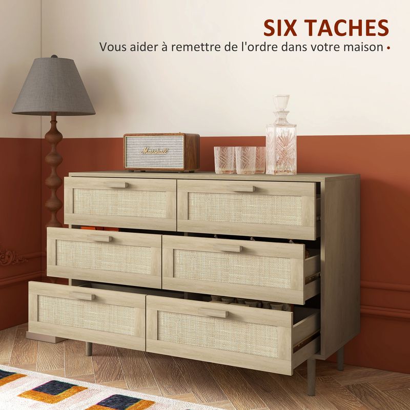Homcom – Commode enfant 6 tiroirs en rotin – Dimensions 110L x 40l x 75H cm – Meuble de rangement élégant en bois clair – Dispositif - Image 3