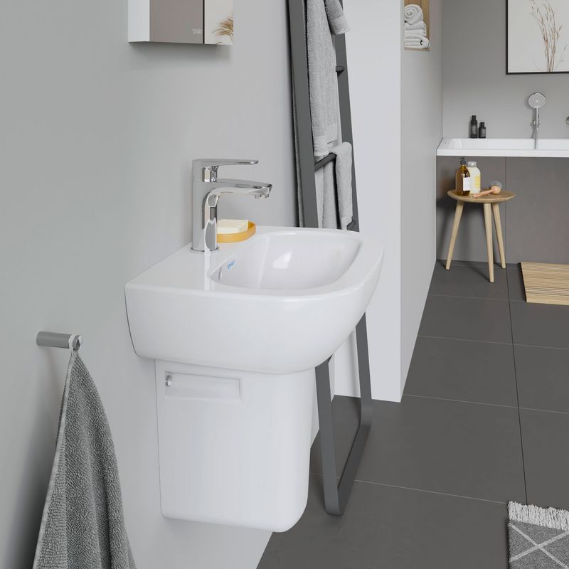 Lave-mains à suspendre Duravit D-Code – Dimensions 450x340x145 mm – Céramique sanitaire émaillée – Trou de robinetterie avec trop-plein - Image 2
