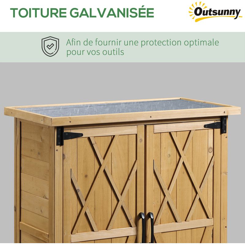 Outsunny – Armoire de jardin en bois de sapin – 2 portes – 3 étagères – Toit en tôle galvanisée – Dimensions 75 x 40 x 90 cm – Couleur jaune - Image 4