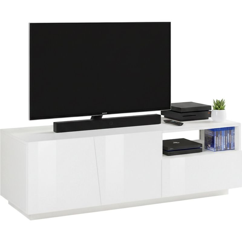 Dmora – Meuble TV moderne 150x43x46 cm – 2 portes battantes – 1 tiroir – Panneaux mélaminés FSC – Résistant aux chocs et rayures – Blanc brillant - Image 2