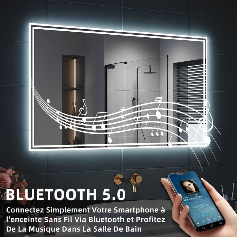 Miroir LED Salle de Bain Bluetooth 120x70cm - Miroir Lumineux avec Anti-buée, Affichage de l'Heure et Température,trois températures de couleur - Image 2
