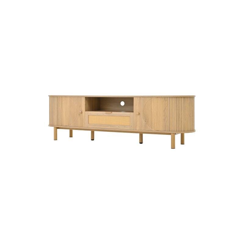 Meuble TV avec tiroirs en rotin, plateau arrondi, pieds en métal et aspect bois, 175x36x31 cm - Image 3