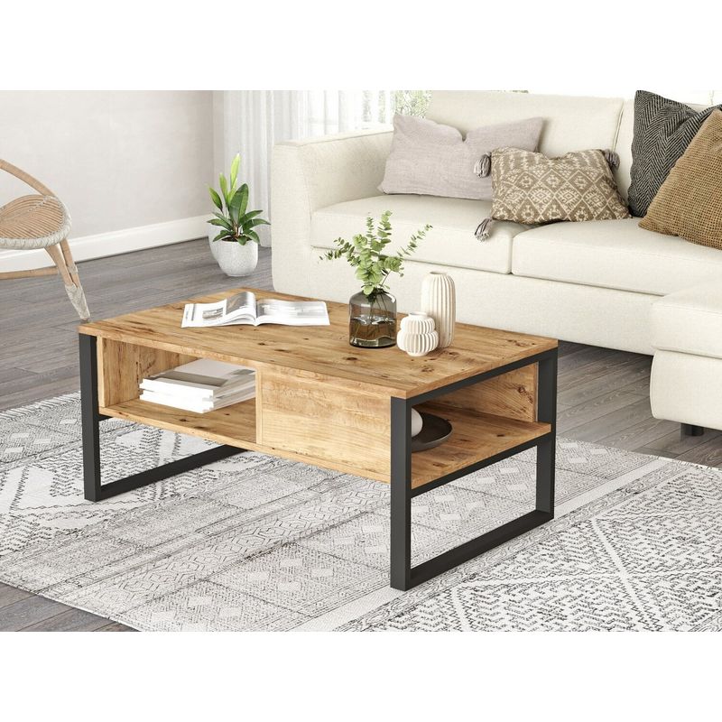 Cotecosy – Table basse fixe 2 niveaux 100×59,7×44,4 cm – Décor effet chêne et noir – Panneaux de particules 18 mm – Idéale pour rangement livres et - Image 3
