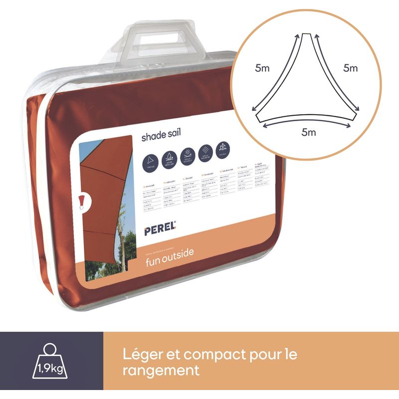 Perel – Voile d'ombrage triangulaire 5 x 5 x 5 m – Polyester imperméable et respirant – Protection UV 90 % – Installation facile avec anneaux en - Image 3