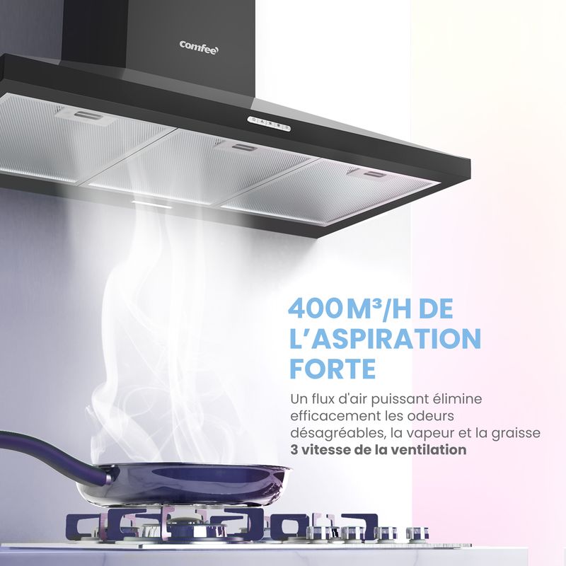 Comfee – Hotte décorative murale 90cm – 3 vitesses – 2 filtres à charbon – Recyclage ou évacuation – Lumière LED – Noir Adapter - Image 2