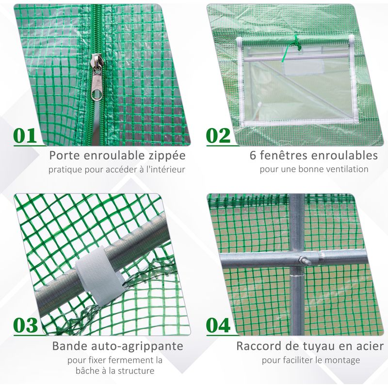 Outsunny – Serre tunnel 10,5 m2 – Dimensions 3,5x3x2m – Bâche PE haute densité 140 g/m2 – 6 fenêtres enroulables – Châssis acier galvanisé vert - Image 4