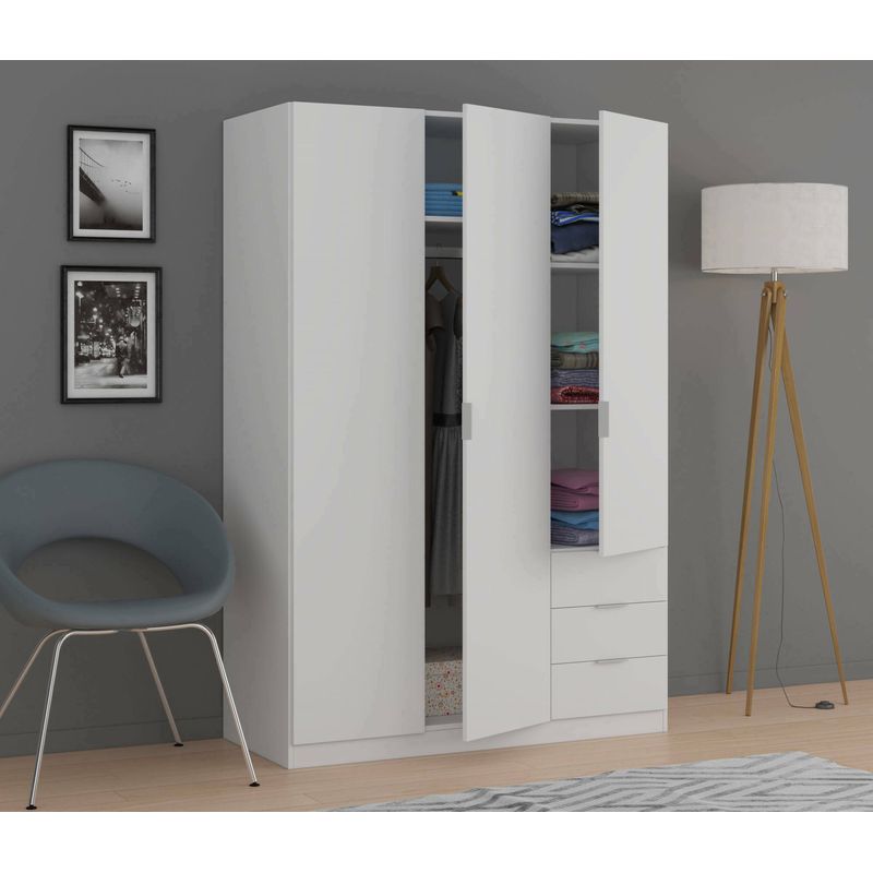 Dmora – Armoire de chambre 3 portes 3 tiroirs – Dimensions 121x52x184 cm – Structure en panneaux mélaminés – Barres de cintre et étagères incluses