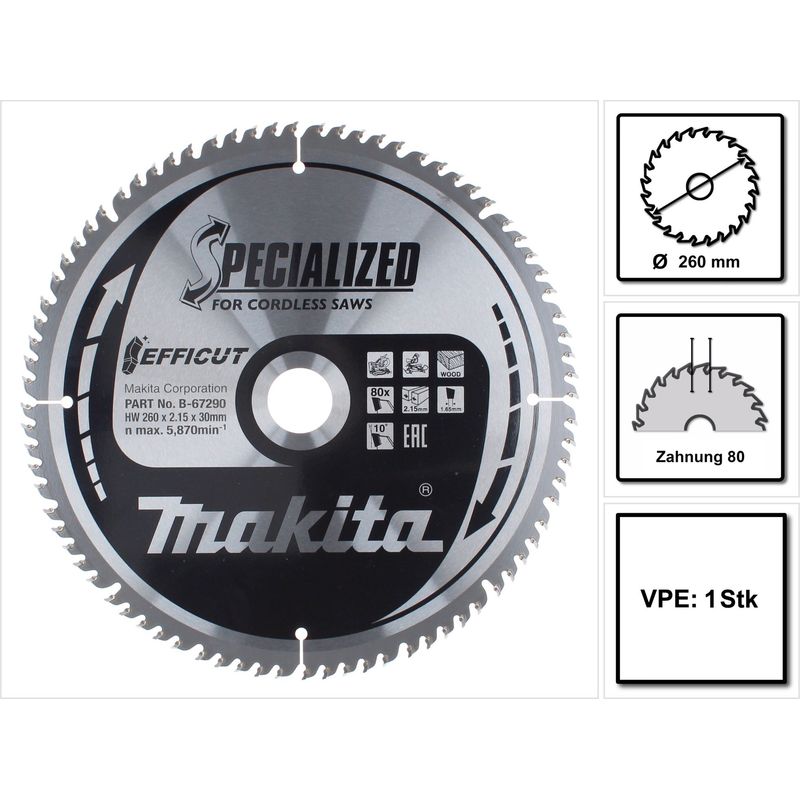 Makita – Lame de scie circulaire 260x30 mm B67290 – 80 dents Efficut pour bois dur – Coupe nette et rapide – Compatible scie à onglet - Image 2
