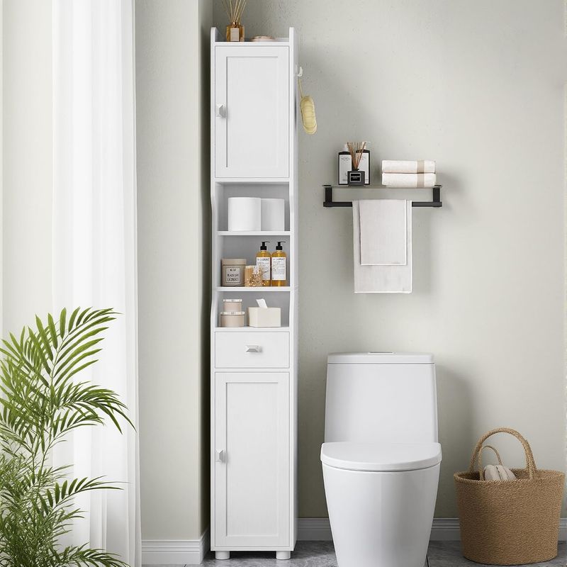 Meuble de rangement salle de bain haut 180 cm – 2 portes, 1 tiroir, étagères réglables – Design moderne blanc – Pour espaces confinés - Image 3