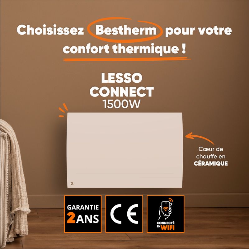 Radiateur électrique fixe connecté WIFI à inertie sèche céramique 1500W Bestherm LESSO CONNECT horizontal blanc - Image 3