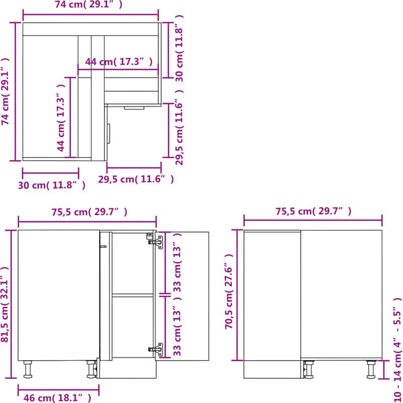Vidaxl – Armoire d'angle basse Lyon blanche 75,5 x 75,5 x 81,5 cm – Bois d'ingénierie – 2 étagères – Rangement optimisé pour cuisine - Image 6