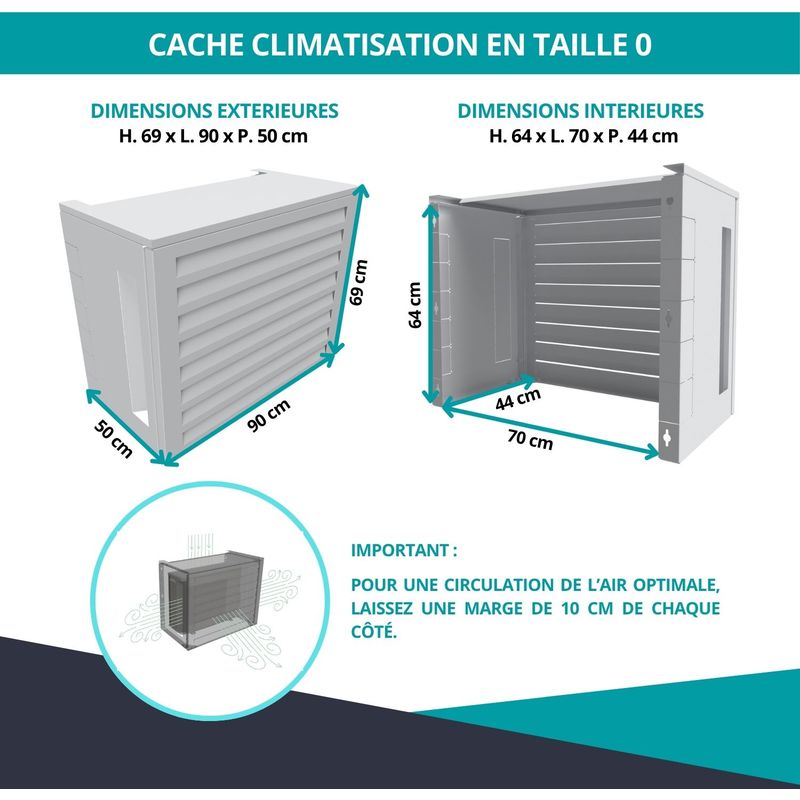 Atole – Cache climatiseur en aluminium thermolaqué – Résistant aux intempéries et UV – Dimensions H. 69 x L. 90 x P. 50 cm – Couleur blanc RAL9010 - Image 3