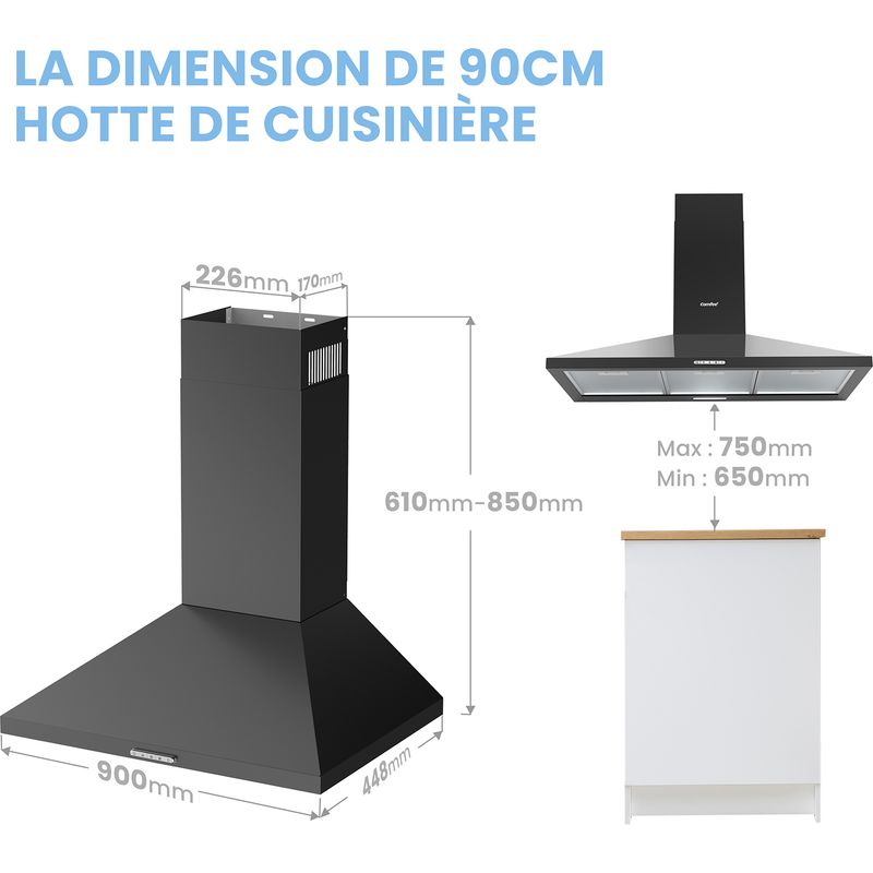 Comfee – Hotte décorative murale 90cm – 3 vitesses – 2 filtres à charbon – Recyclage ou évacuation – Lumière LED – Noir Adapter - Image 5