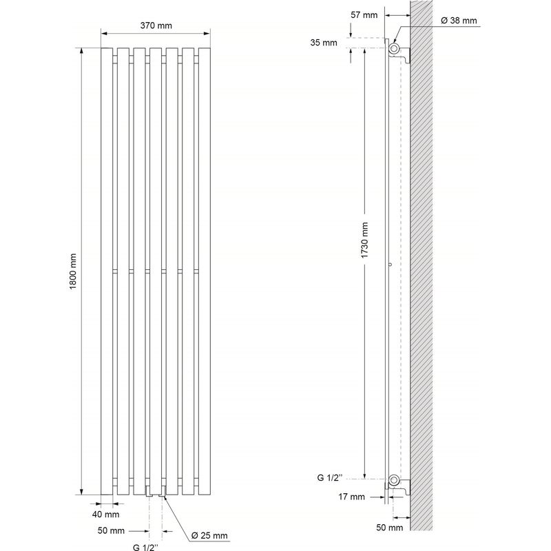 ECD Germany Radiateur Stella Non Électrique - 370 x 1800 mm - Blanc - Connexion Central - sans Kit de Raccordement - Design Panneau Plat - avec Kit - Image 2