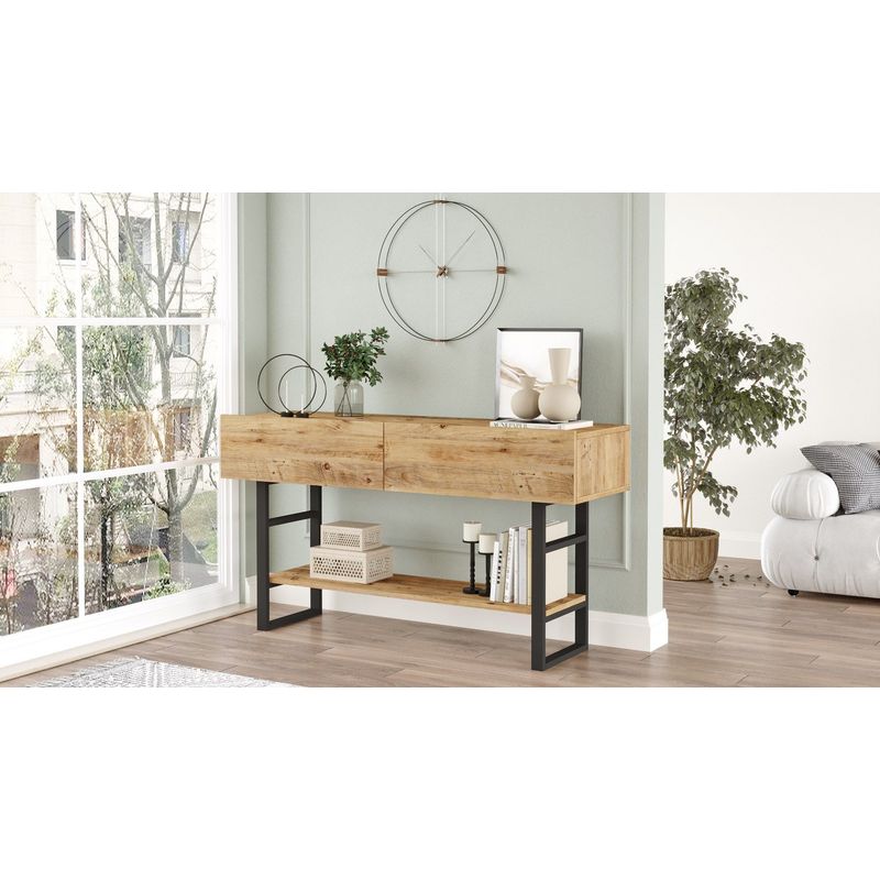 Cotecosy – Console 2 tiroirs 138,8×43×75,7 cm – Décor naturel et noir – Finition papier décor effet chêne – Idéal pour rangement et décoration - Image 6