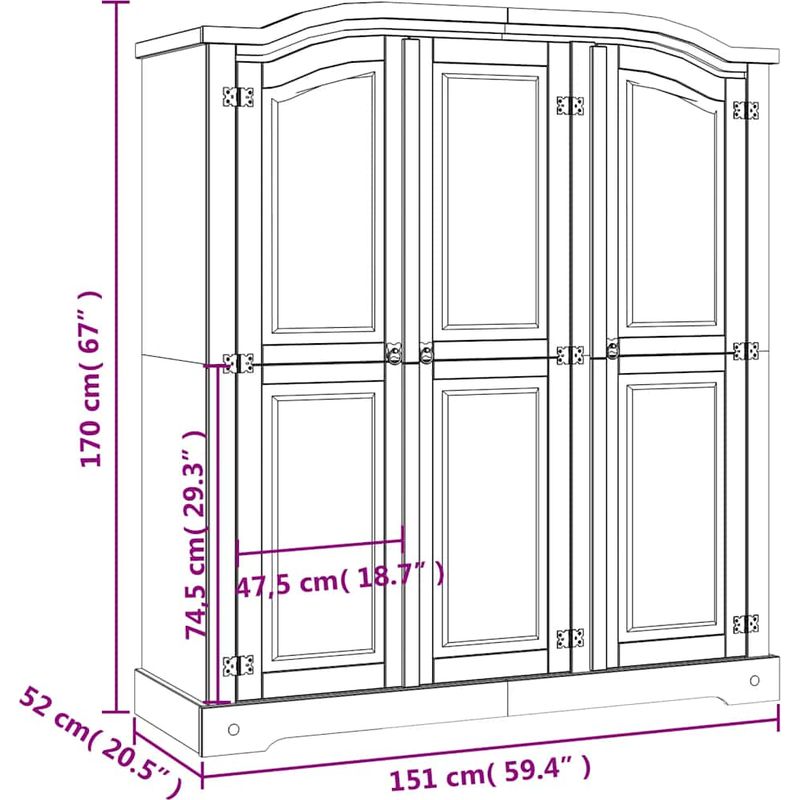 Vidaxl – Garde-robe en pin massif blanc – 3 portes – Compartiment penderie et étagères – Style mexicain Corona – Dimensions 151x52x170 cm Meuble - Image 4