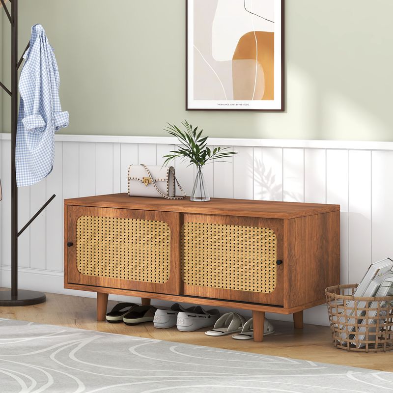 Okwish – Meuble à chaussures en rotin – 2 portes – étagère réglable – couleur noyer – dimensions 104x40x48 cm – panneau de particules moderne - Image 2