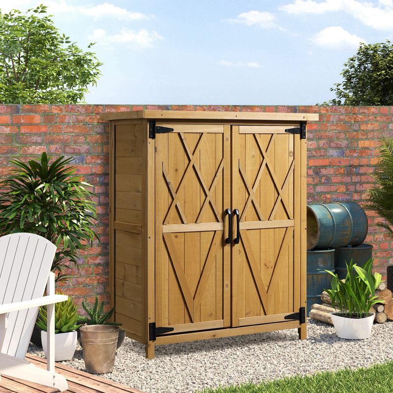 Outsunny – Armoire de jardin en bois de sapin – 2 portes – 3 étagères – Toit en tôle galvanisée – Dimensions 75 x 40 x 90 cm – Couleur jaune - Image 2