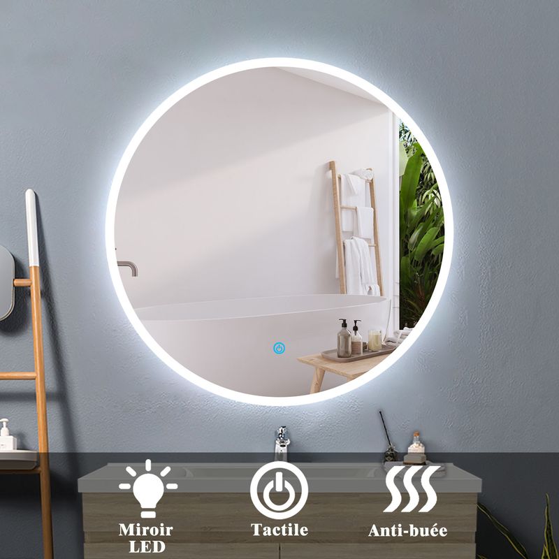 Acezanble – Miroir rond 60cm anti-buée – Miroir LED lumineux 6000K – Installation facile – Design moderne pour salle de bain - Image 2
