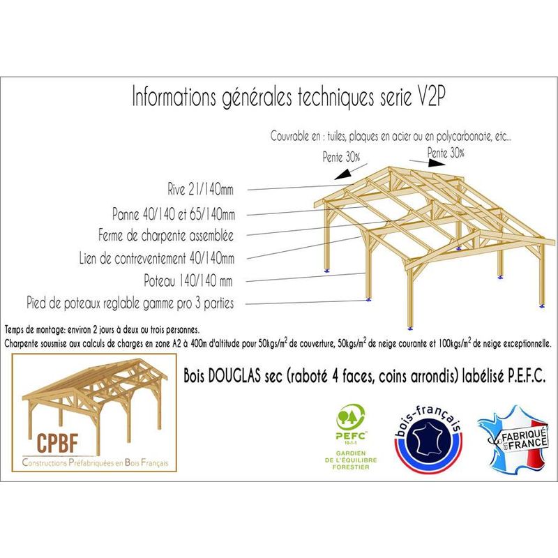 Cpbf – Abri voiture en bois douglas 600x1150cm – Carport 2 pentes – Hauteur de passage 250cm – 10 poteaux – Fabrication française - Image 4