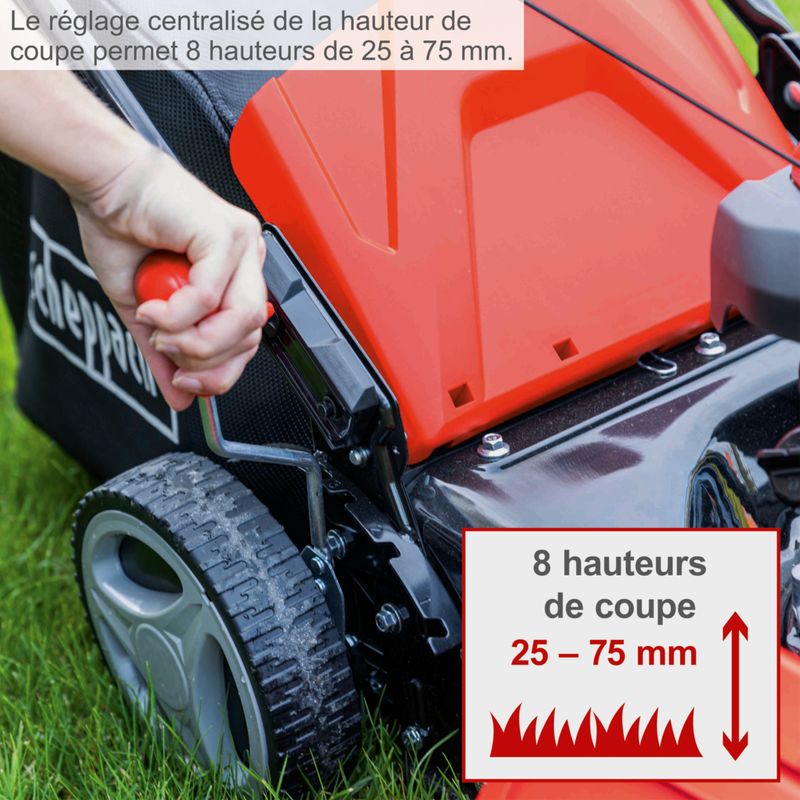 Scheppach Tondeuse à gazon thermique MS161-46 – Moteur à essence 4 temps 150 cm3 – Largeur de coupe 46 cm – Bac de 55 L – Fonction mulching - Image 5