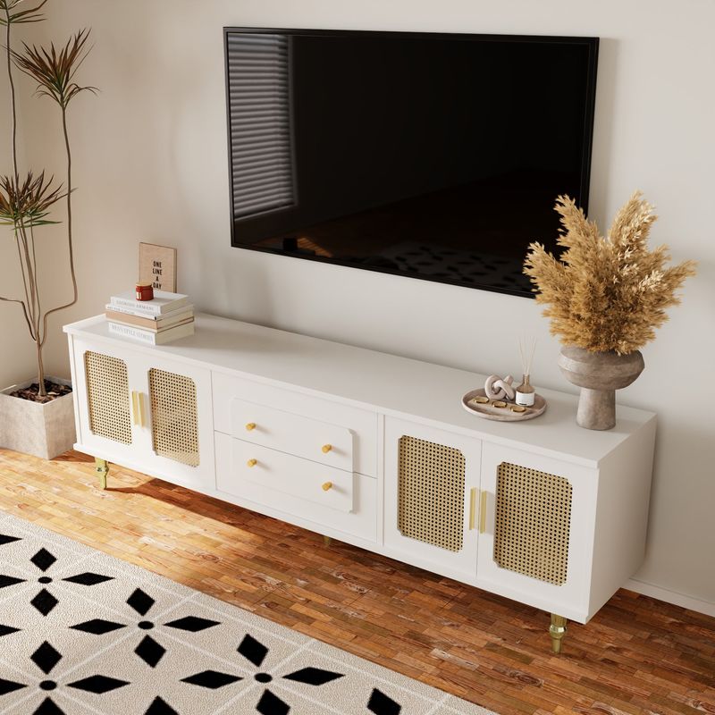 Neche – Meuble TV vintage blanc avec 2 tiroirs et 2 compartiments – Portes en rotin PVC – Dimensions 177x38x53cm – Pieds dorés élégants - Image 3