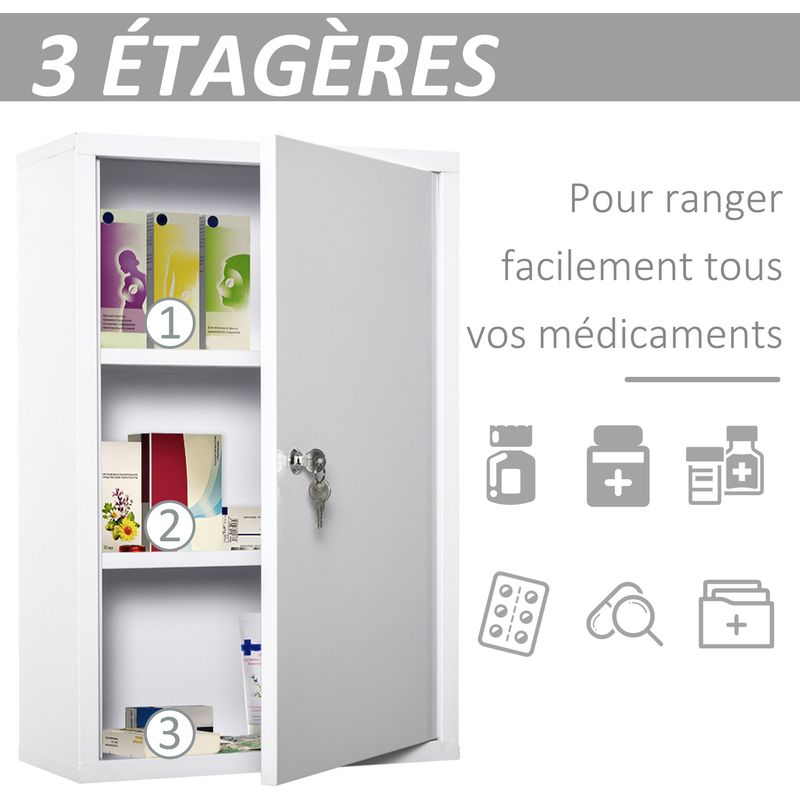 Kleankin – Armoire de sécurité murale verrouillable en métal blanc – 2 étagères 3 niveaux – Dimensions 40x18x60cm – Rangement médicaments et - Image 4