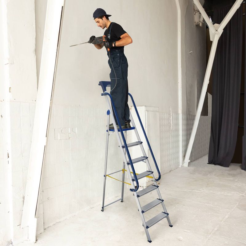 Escabeau 7 marches Secure pro, aluminium renforcé, sécurisé avec rampes, tablette porte-outils, hauteur plateforme 158cm, charge 150kg Hostrom Plate - Image 3