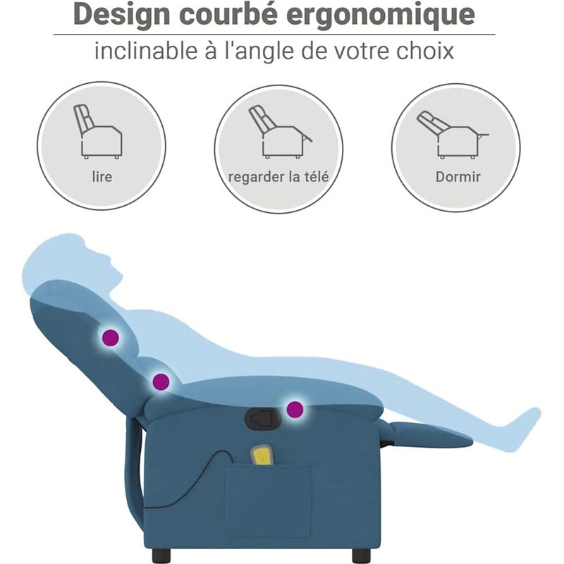 vidaXL Fauteuil inclinable de massage bleu velours - Image 5