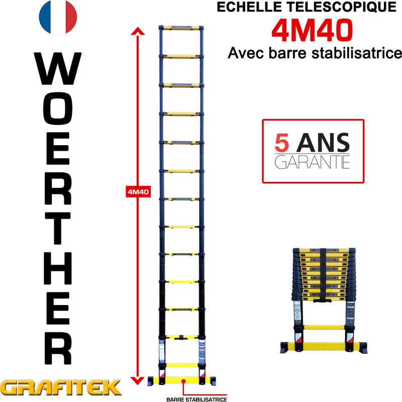 Woerther – Échelle télescopique 4m40 – Aluminium 7175 T6 et graphite – Charge maximale 150 kg – Barre stabilisatrice pour stabilité accrue