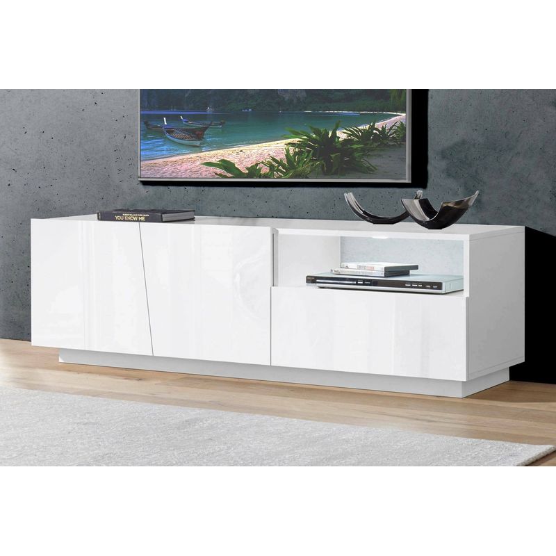Dmora – Meuble TV moderne 150x43x46 cm – 2 portes battantes – 1 tiroir – Panneaux mélaminés FSC – Résistant aux chocs et rayures – Blanc brillant - Image 4