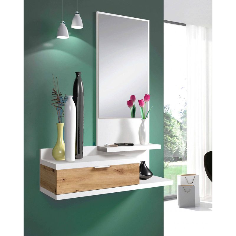 Dmora – Meuble d'entrée suspendu moderne avec miroir – 1 tiroir et 2 étagères – Dimensions 81x29x116 cm – Bois lamellé blanc résistant - Image 2