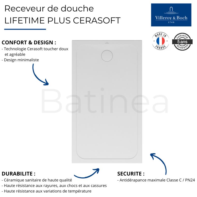 Villeroy & Boch – Receveur de douche antidérapant 120 x 80 cm – Céramique blanche – Classe C / PN24 – Installation à encastrer – Nettoyage facile - Image 3