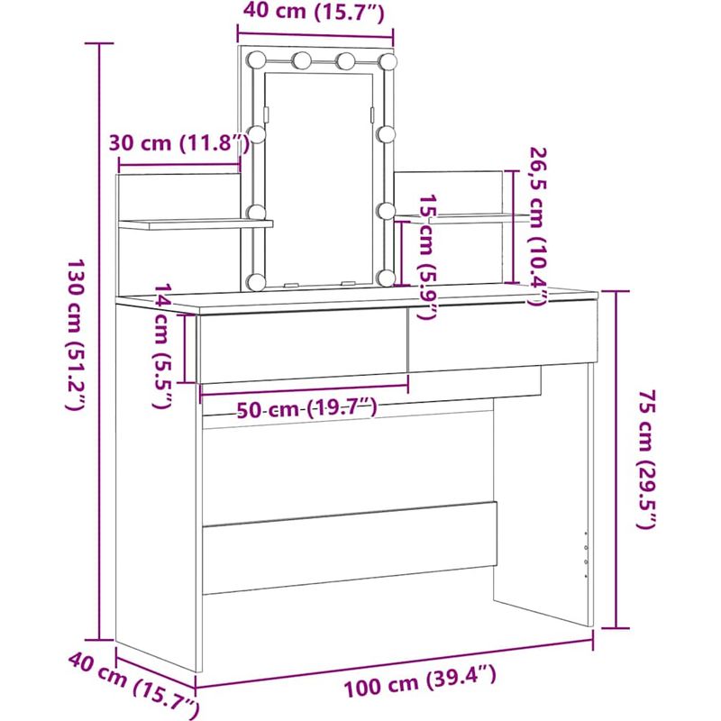 Vidaxl – Table de toilette en bois d'ingénierie 100 x 40 x 130 cm – Miroir avec éclairage LED intégré – Rangement spacieux avec tiroirs - Image 3