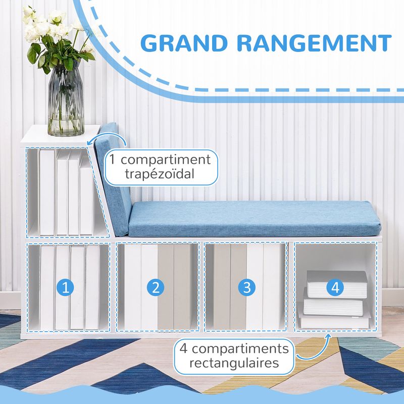 Homcom – Bibliothèque banc 2 en 1 – 5 compartiments – 2 coussins – Dimensions 108x30x60cm – Bois MDF – Couleur blanc bleu Adapter - Image 4