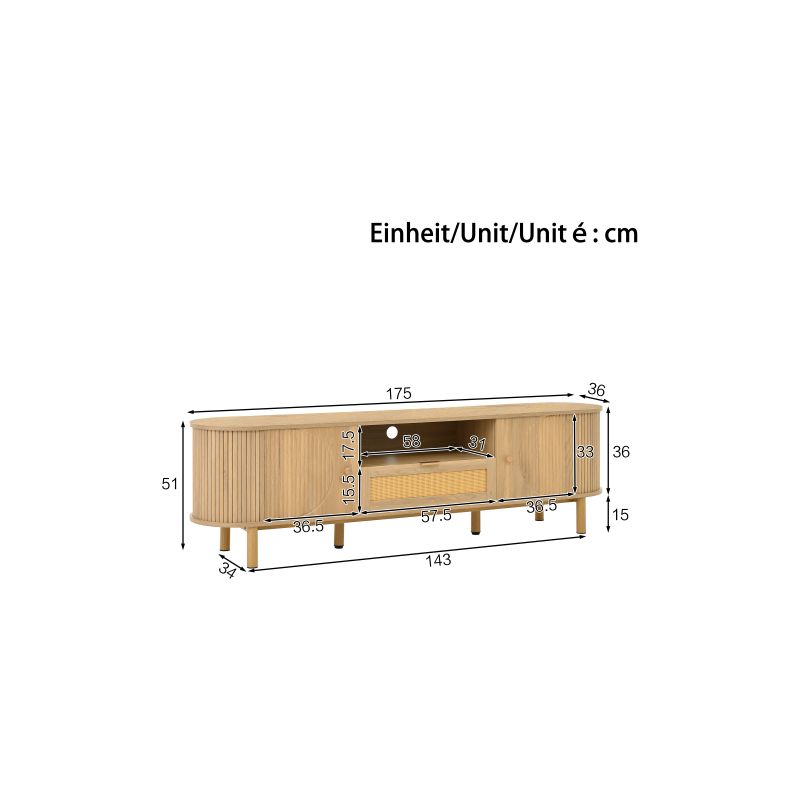 Meuble TV avec tiroirs en rotin, plateau arrondi, pieds en métal et aspect bois, 175x36x31 cm - Image 4