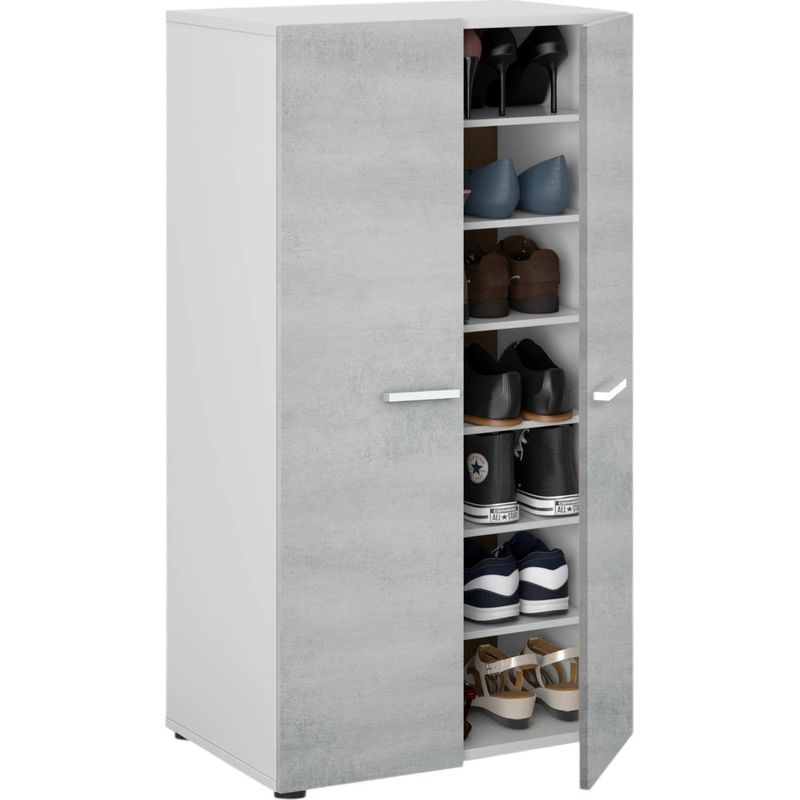 Dmora – Armoire à chaussures basse 2 portes – 6 étagères modulables – Dimensions 75x36x101 cm – Bois lamellé résistant aux chocs – Blanc et gris - Image 2