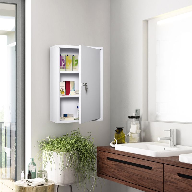 Kleankin – Armoire de sécurité murale verrouillable en métal blanc – 2 étagères 3 niveaux – Dimensions 40x18x60cm – Rangement médicaments et - Image 2