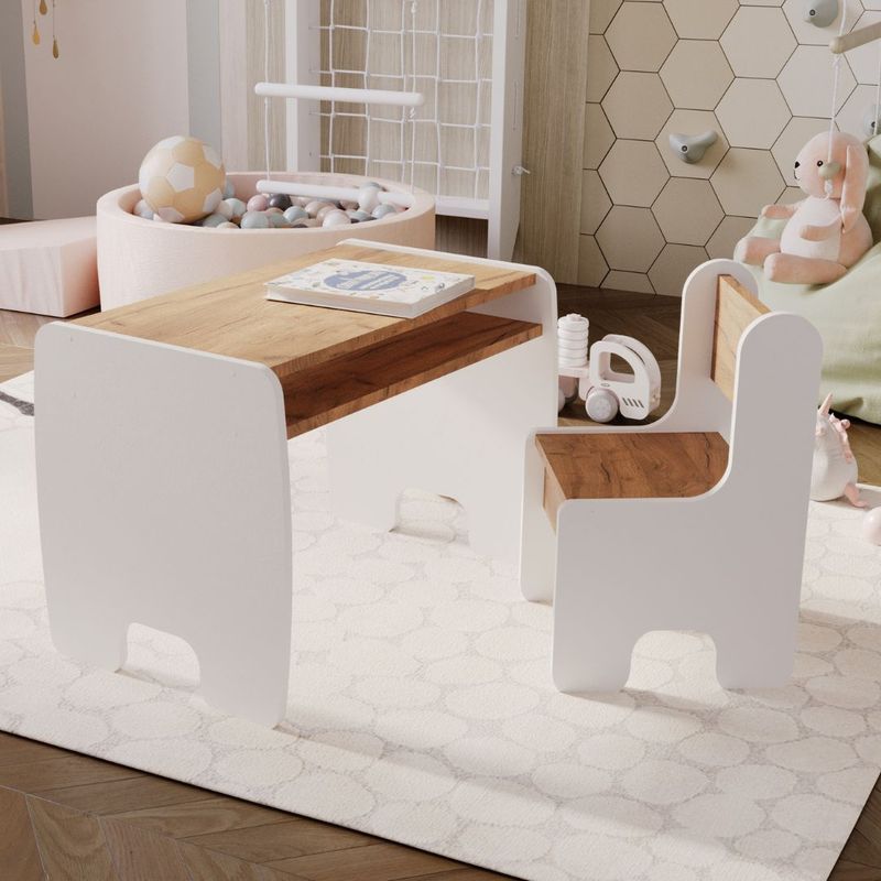 Ensemble table et chaises pour enfants – blanc/chêne – construction robuste avec bords arrondis – rangement sous plateau - Image 5