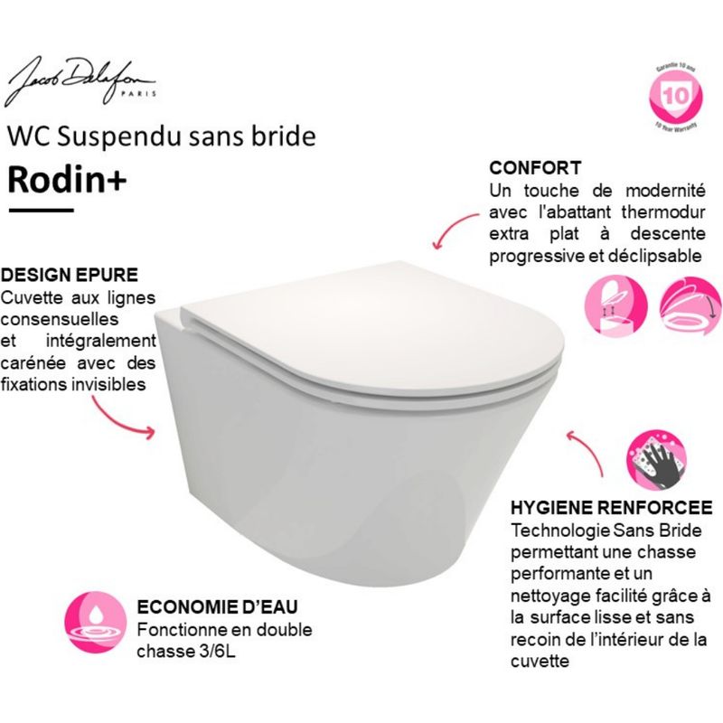 WC suspendu sans bride JACOB DELAFON Rodin+ avec abattant - Image 4