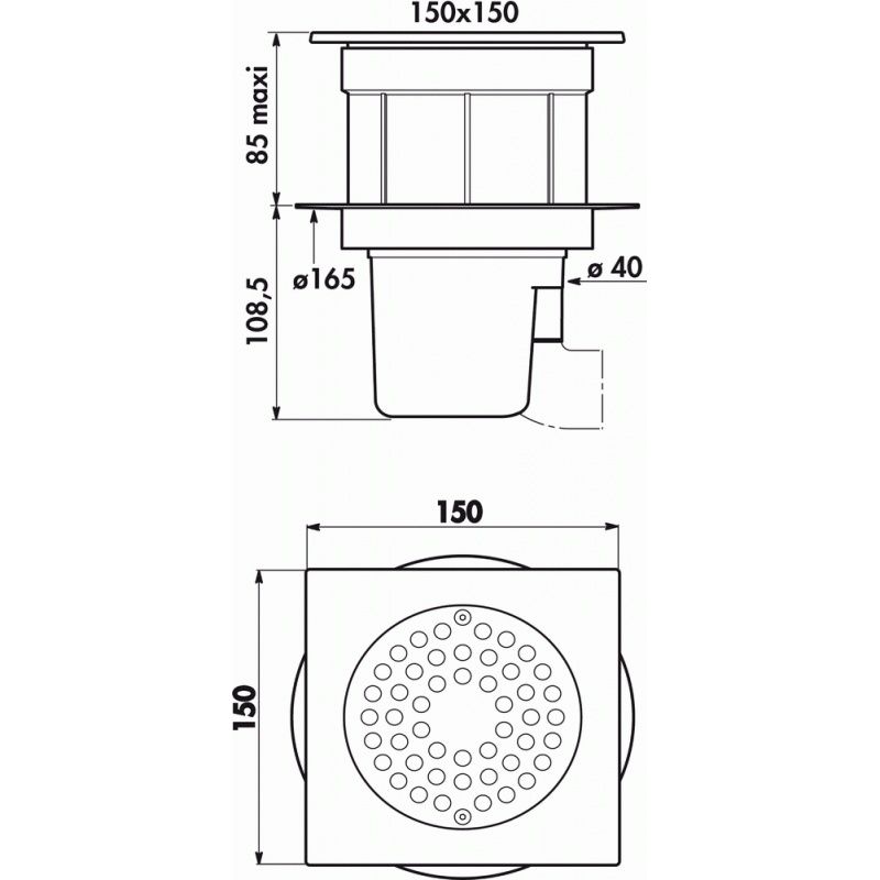 Delabie – Siphon de sol réglable 150 x 150 mm – Garde d'eau 50 mm – Sortie intégrée Ø 40 mm – Installation à l'italienne pour carrelage et béton - Image 2