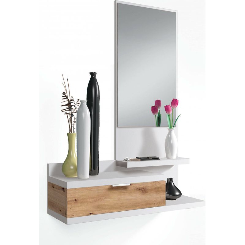 Dmora – Meuble d'entrée suspendu moderne avec miroir – 1 tiroir et 2 étagères – Dimensions 81x29x116 cm – Bois lamellé blanc résistant - Image 5