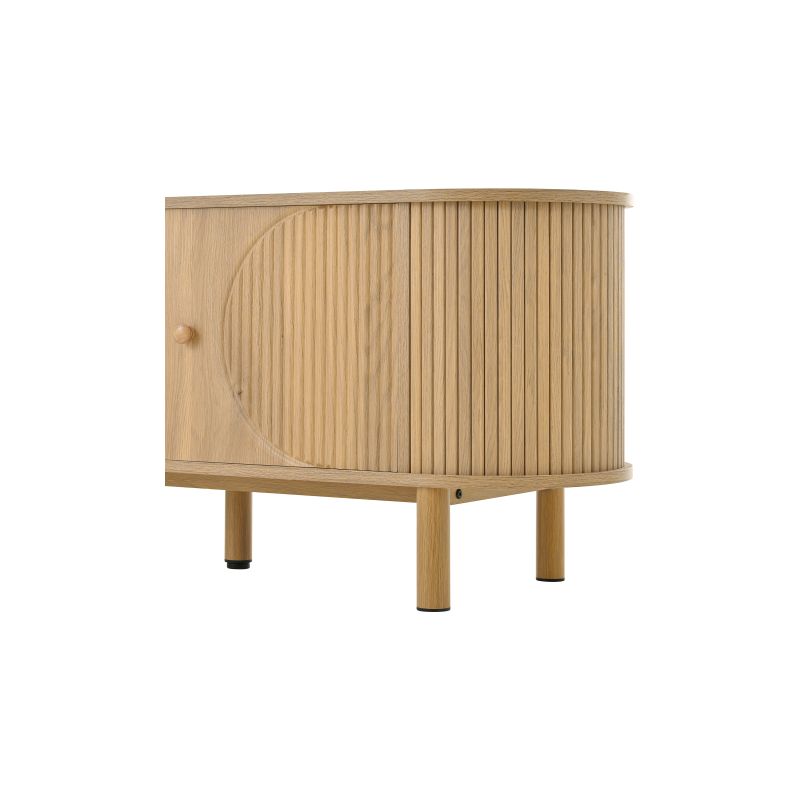 Meuble TV avec tiroirs en rotin, plateau arrondi, pieds en métal et aspect bois, 175x36x31 cm - Image 5
