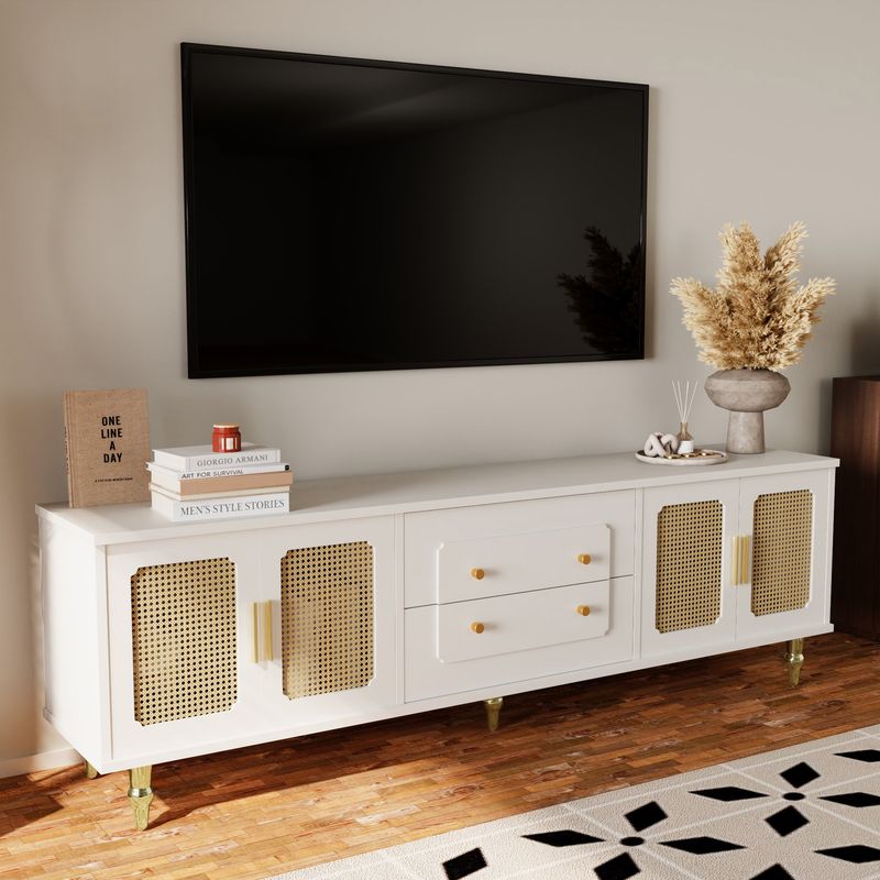 Neche – Meuble TV vintage blanc avec 2 tiroirs et 2 compartiments – Portes en rotin PVC – Dimensions 177x38x53cm – Pieds dorés élégants - Image 2