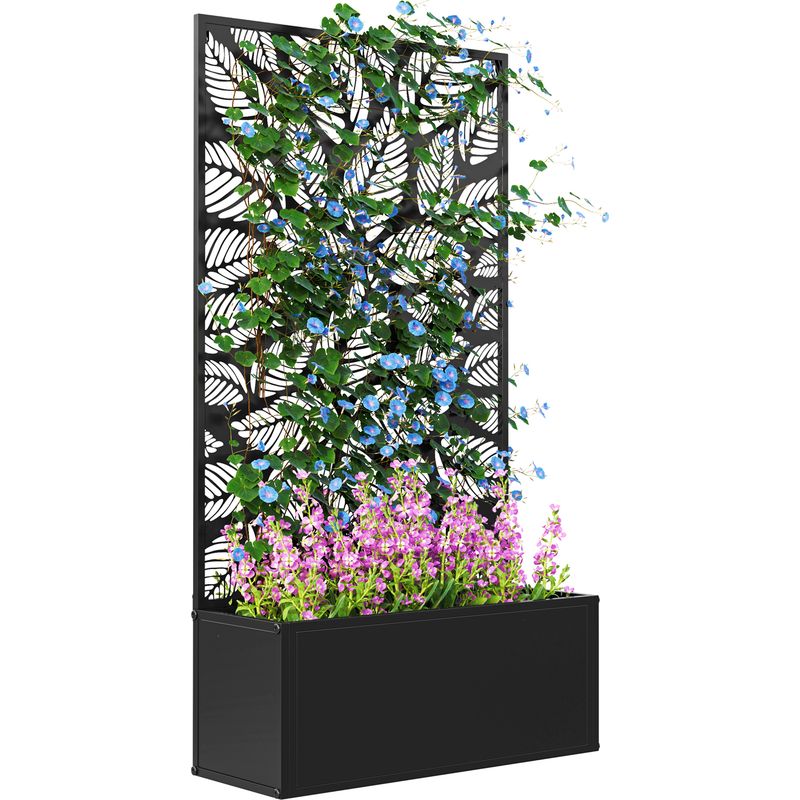 Outsunny – Jardinière rectangulaire en métal noir 61 x 23 x 113 cm – Treillis pour plantes grimpantes – Bac à fleurs avec drainage – Montage mural Pot