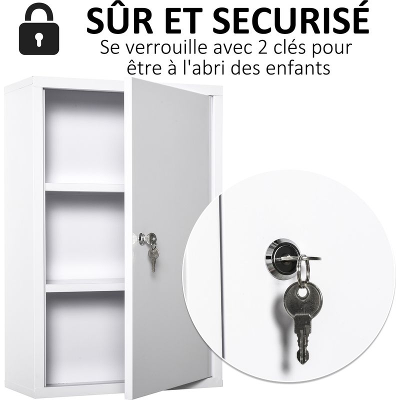 Kleankin – Armoire de sécurité murale verrouillable en métal blanc – 2 étagères 3 niveaux – Dimensions 40x18x60cm – Rangement médicaments et - Image 3