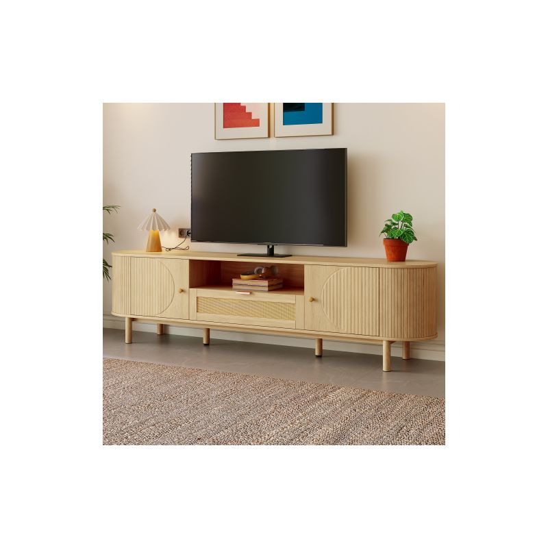 Meuble TV avec tiroirs en rotin, plateau arrondi, pieds en métal et aspect bois, 175x36x31 cm - Image 2