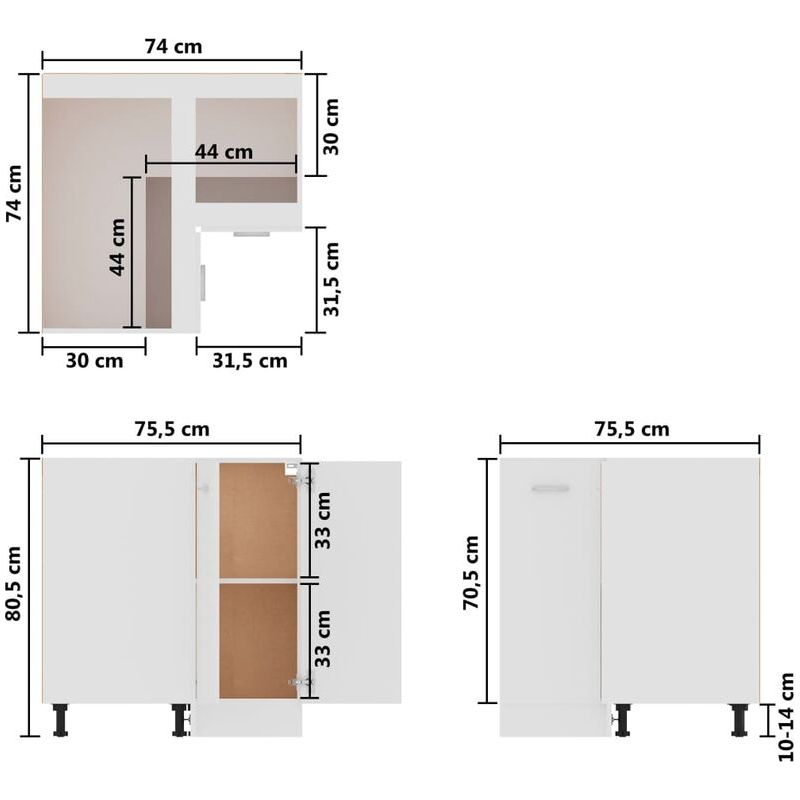Vidaxl – Armoire d'angle basse Lyon blanche 75,5 x 75,5 x 81,5 cm – Bois d'ingénierie – 2 étagères – Rangement optimisé pour cuisine - Image 3