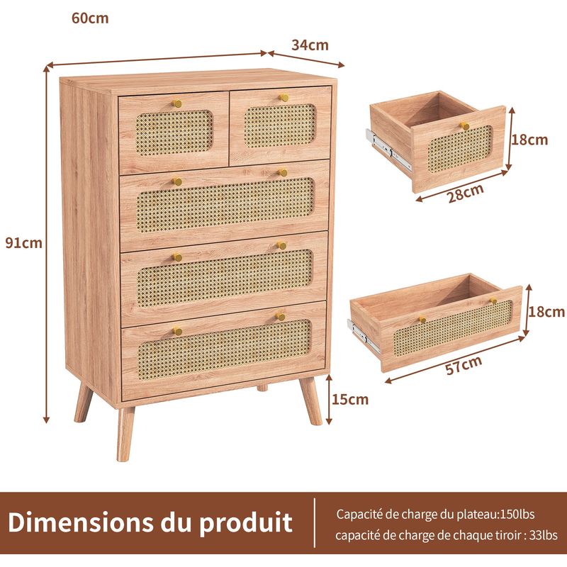 Dans Les Nuages – Commode rectangulaire 60cm avec 5 tiroirs en polyrotin – Rangement pratique avec poignées métal – Style campagnard en bois naturel - Image 5